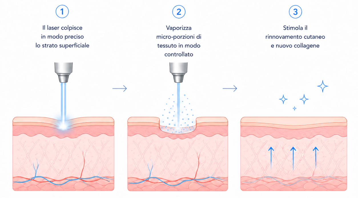 Schema in tre passaggi del funzionamento del laser CO2