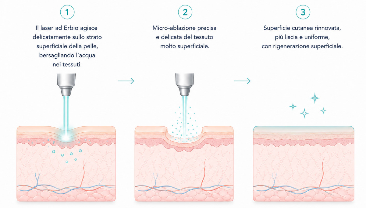 Schema in tre passaggi del funzionamento del laser ad Erbio